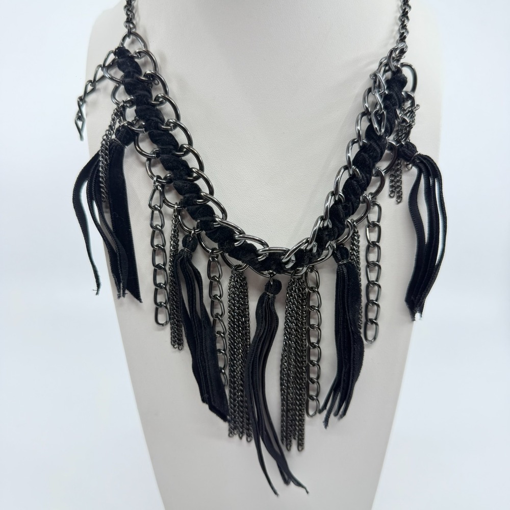 Gothic Statement Chain Necklace Velvet Ribbon Fringe Boho Festival Layering